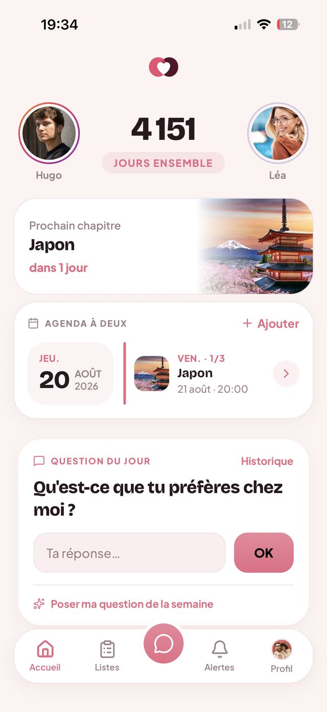 Écran d'accueil de DUO : compteur de jours ensemble, agenda à deux et question du jour