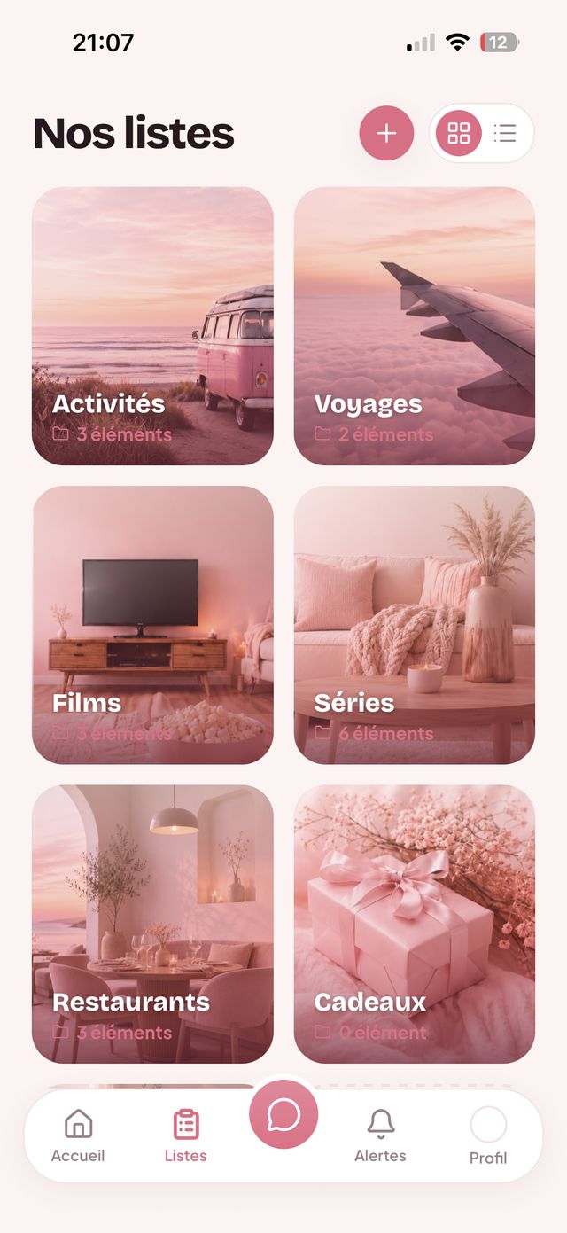 Écran Nos listes de DUO : restaurants, activités, voyages, films, séries et cadeaux