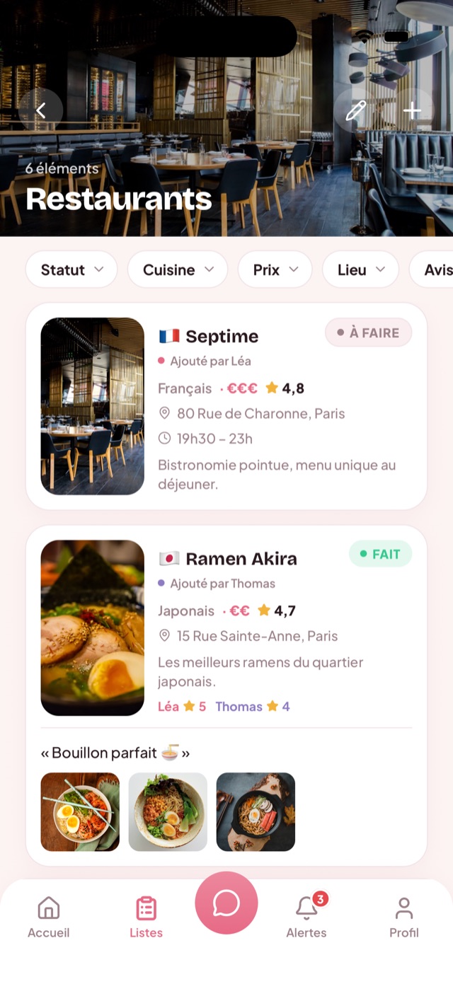 Fiche détaillée d'une liste DUO : restaurant avec statut, prix, lieu et avis croisés