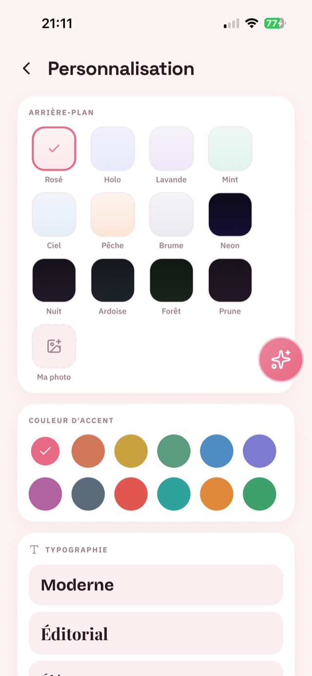 Écran Personnalisation de DUO : arrière-plan, couleurs d'accent et typographie